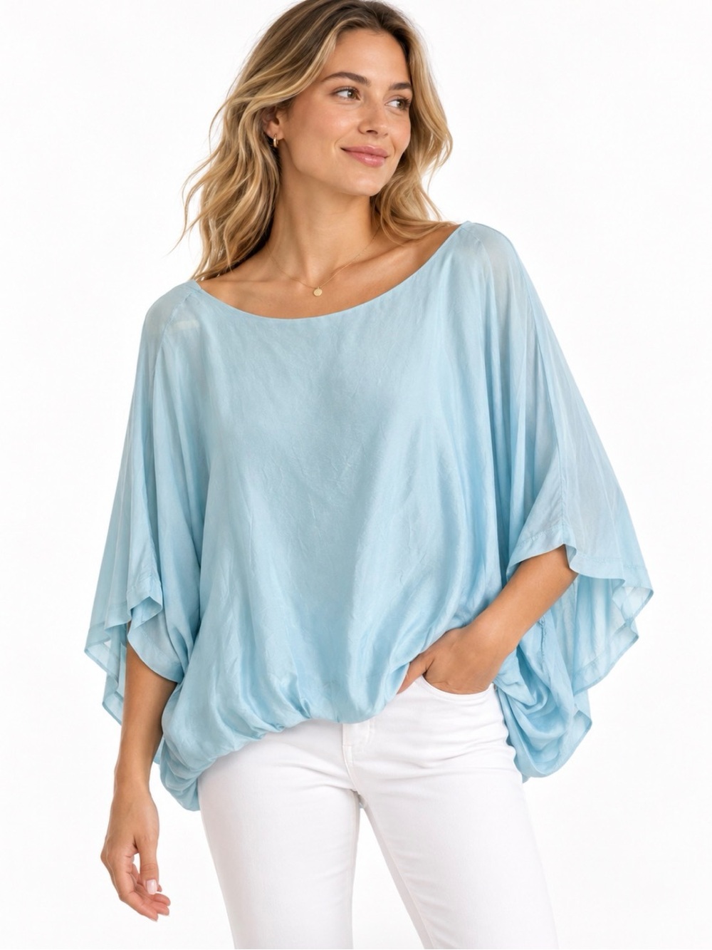 C. Studio Silk Blend Batwing Dolman Blouse Tiffany Blue Made in Italy S
